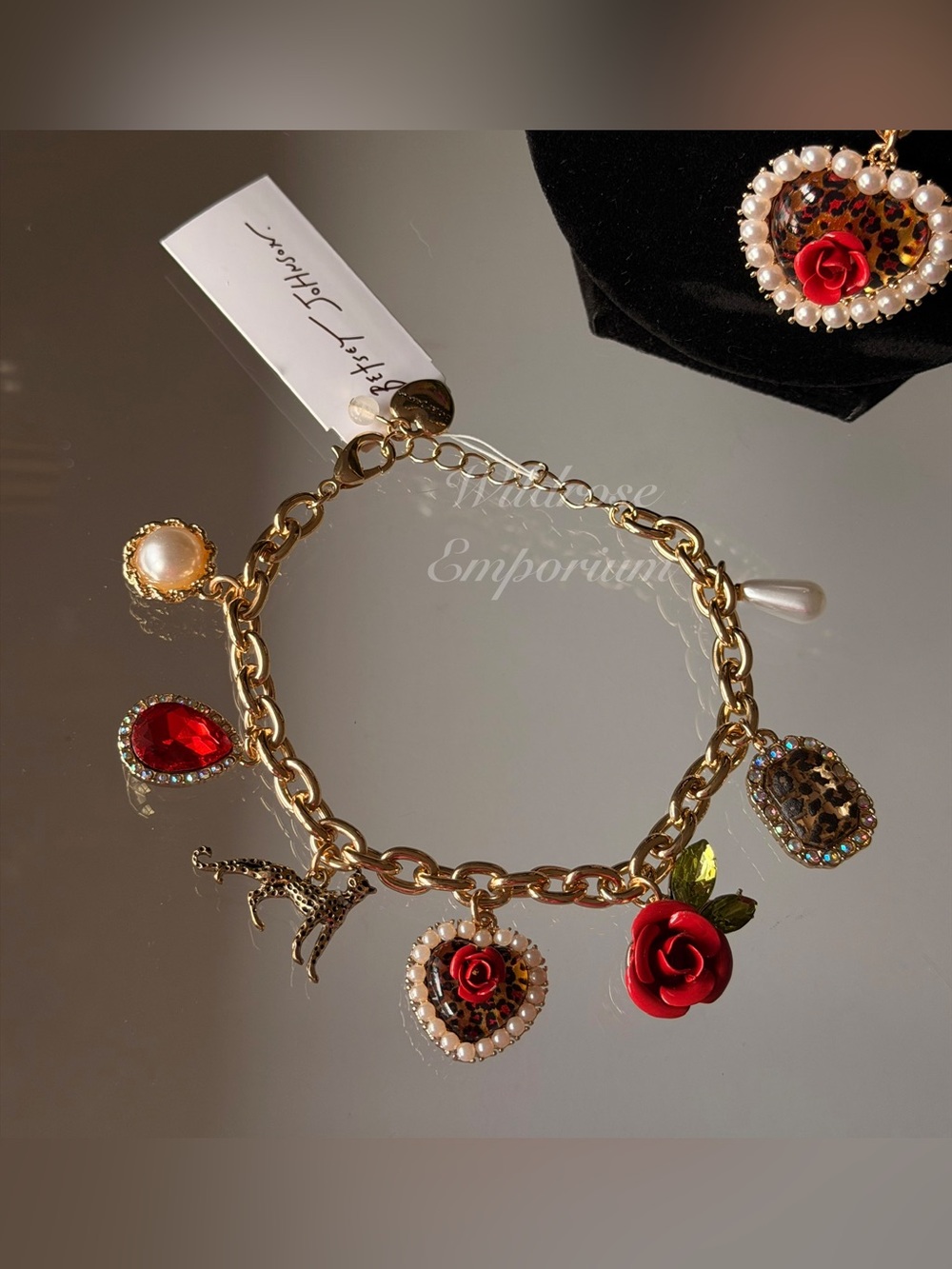 Betsey Johnson Gold Tone Charm bracelet Leopard Heart Rose Faux Pearl NWT